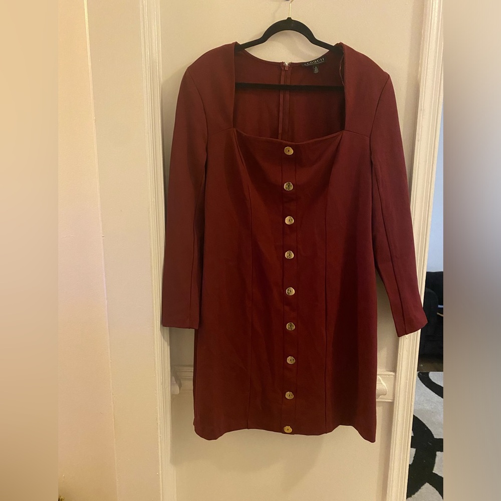 Eloquii Long-Sleeve Square-Neck Button-Front Dress in Burgundy